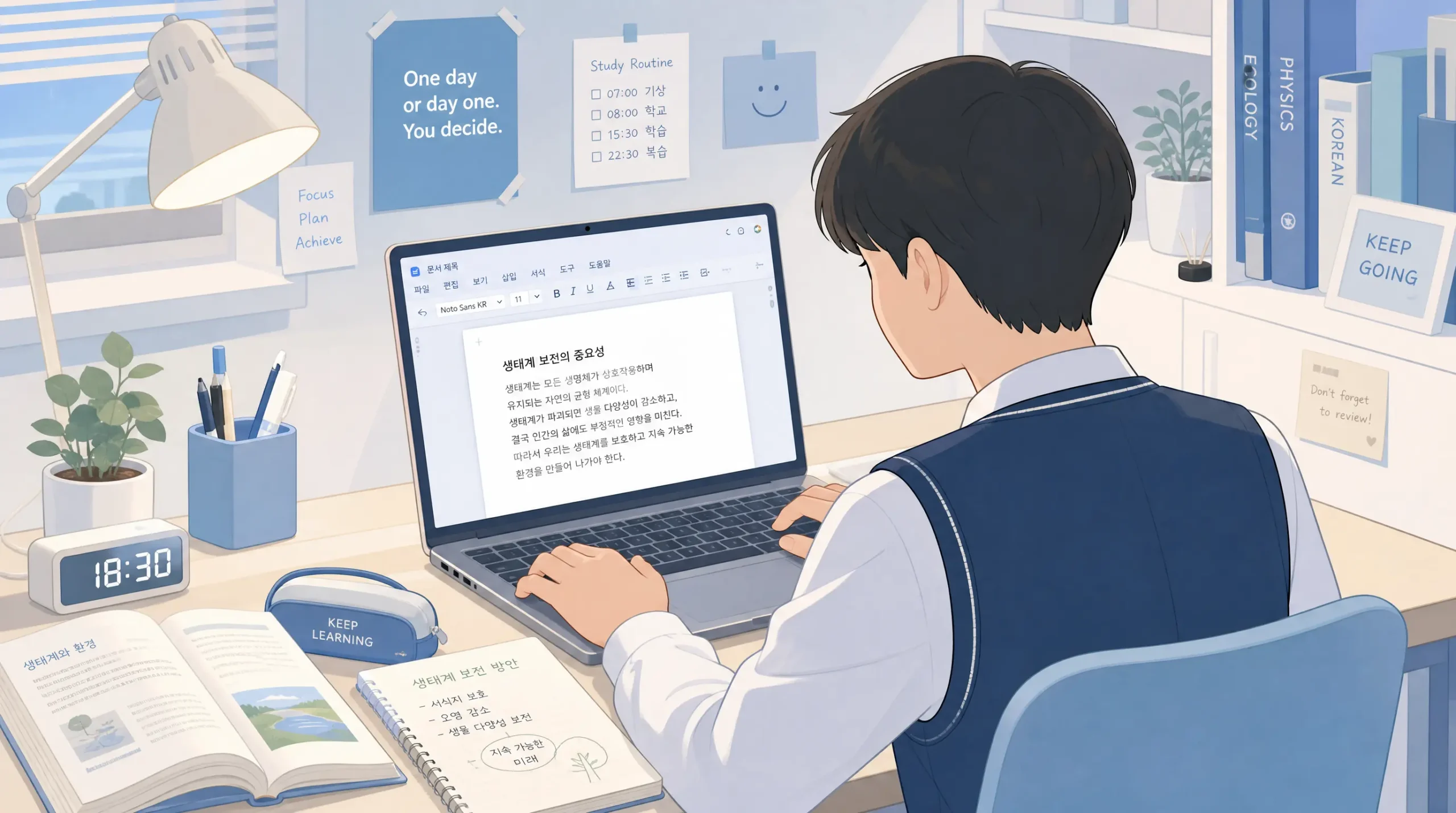 고등학생이 노트북으로 AI에게 세특 피드백을 받는 모습