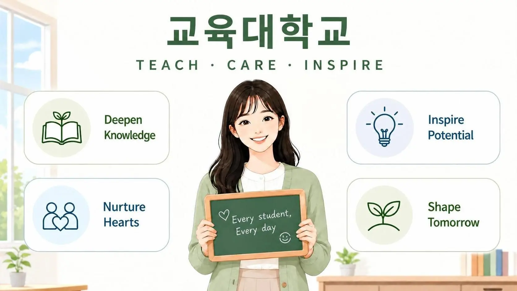 교육대학교 완벽 가이드 인포그래픽 — 초등교사가 배우는 것과 진로, 임용 현실을 소개하는 대표 이미지