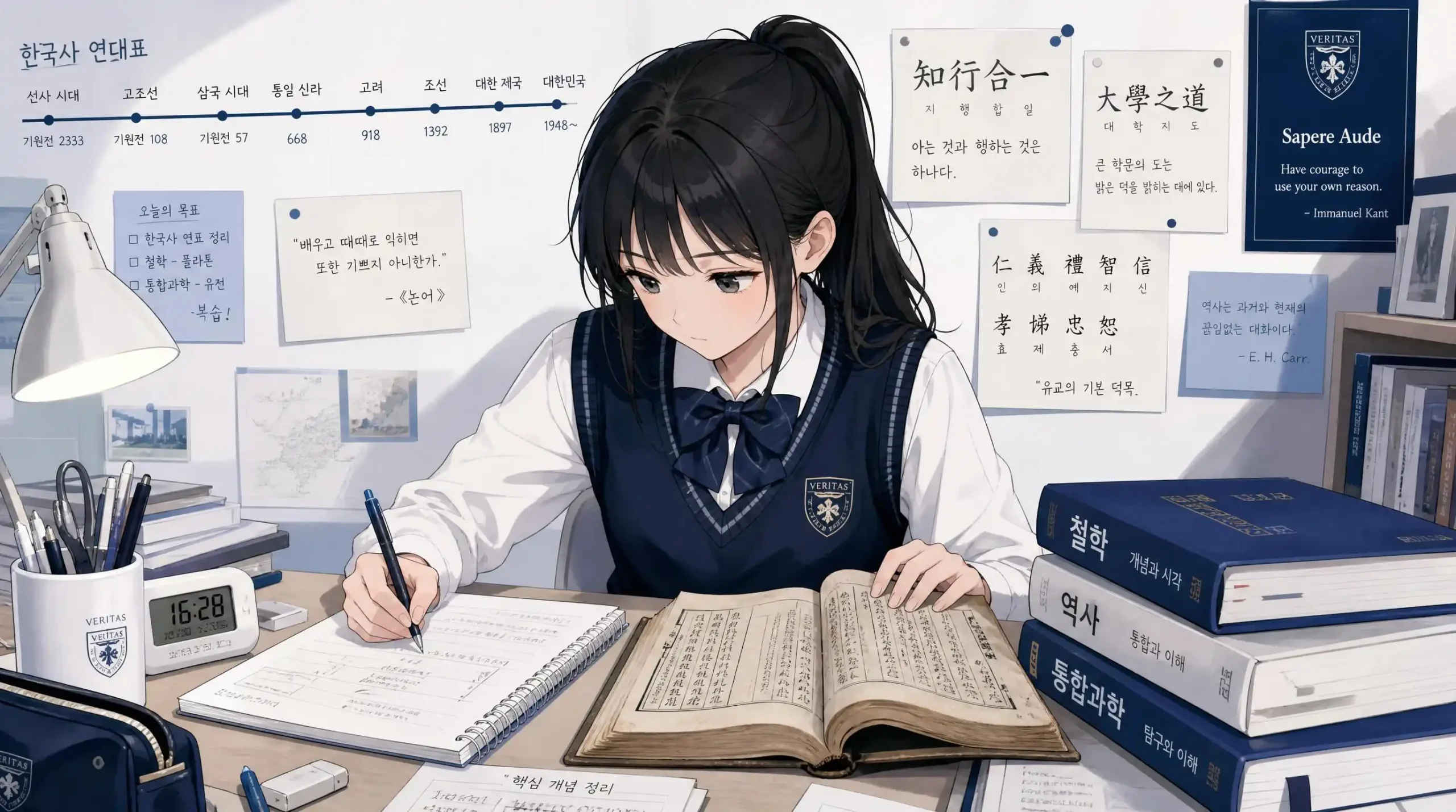 교복 입은 학생이 통합과학 교재와 철학·역사 고서를 함께 펼쳐 놓고 탐구 노트를 작성하는 일러스트
