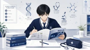 통합과학1 교과서로 의학·보건계열 세특 탐구주제를 준비하는 고등학생과 DNA·청진기·현미경 아이콘 일러스트