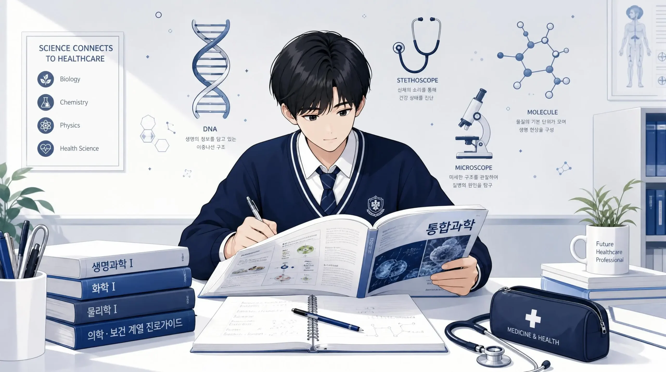 통합과학1 교과서로 의학·보건계열 세특 탐구주제를 준비하는 고등학생과 DNA·청진기·현미경 아이콘 일러스트
