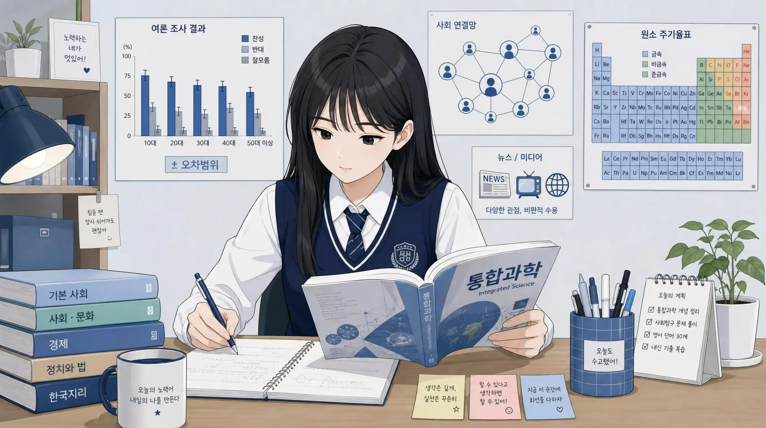 교복 입은 여학생이 통합과학 교재로 사회과학계열 탐구주제를 노트에 정리하는 일러스트