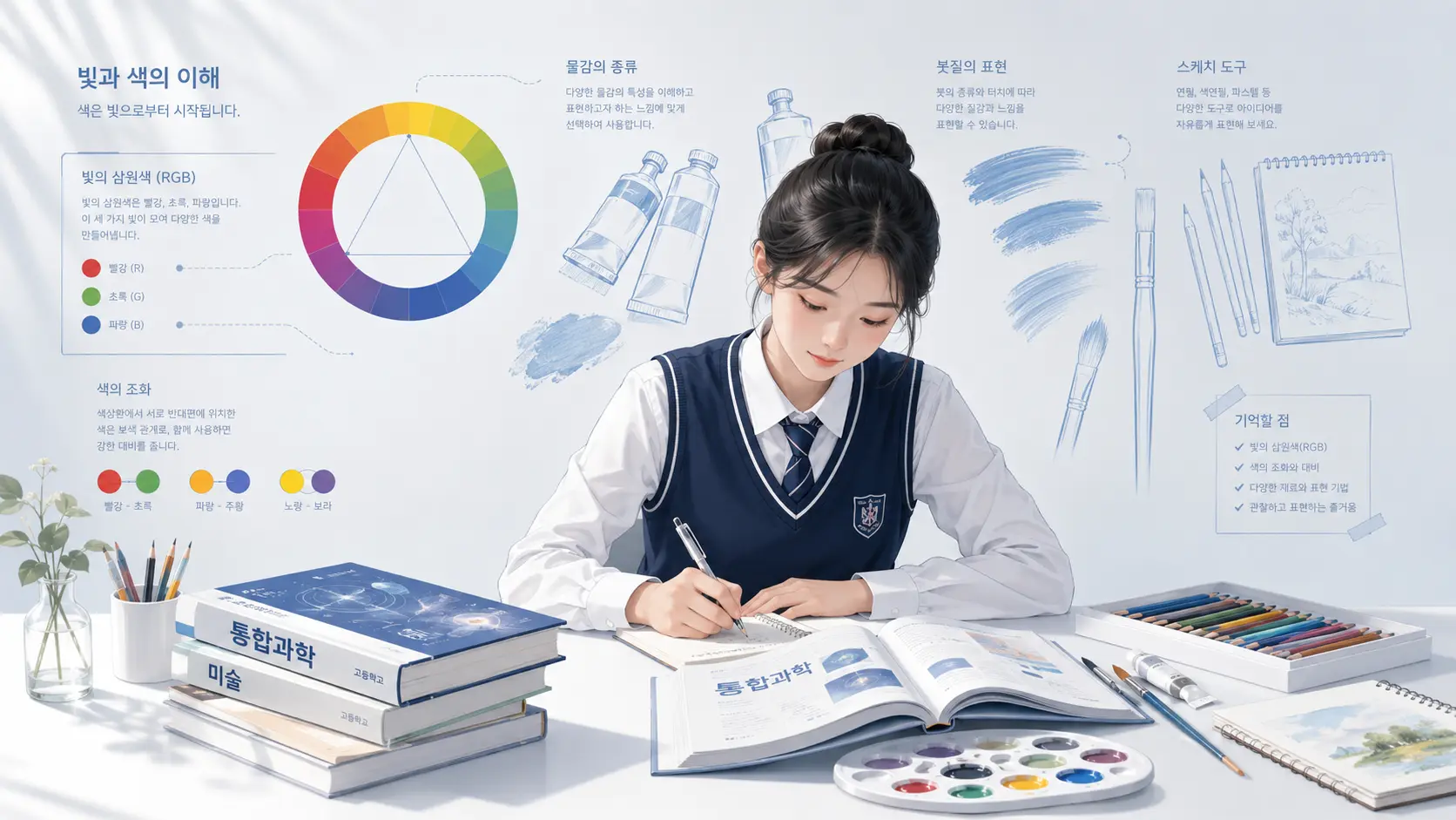 통합과학 교과서로 예체능계열 탐구주제를 공부하는 여고생 일러스트