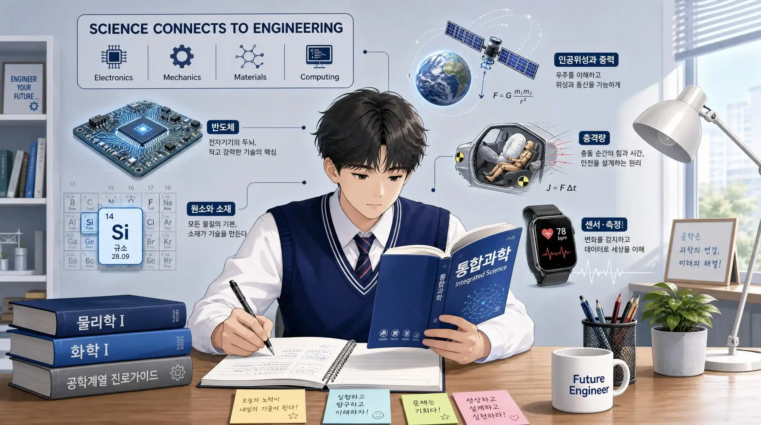 공학계열 통합과학1 세특 탐구주제를 상징하는 일러스트