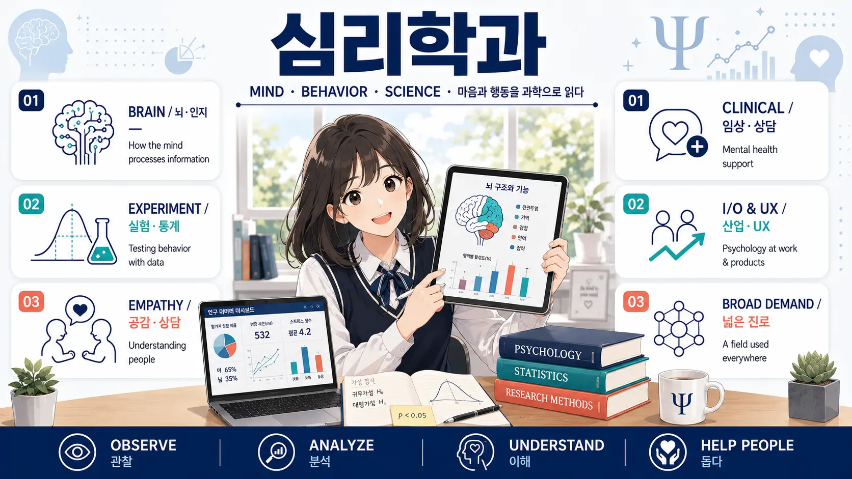 심리학과 완벽 가이드 인포그래픽 — 심리학의 주요 분야와 진로 안내