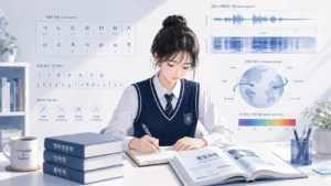 어학계열 통합과학1 탐구주제 안내 이미지 — 교복 입은 학생이 통합과학 교과서로 공부하고 배경에 한글 자음표·발음기호·음성 파형 등 언어 관련 그래픽이 표시된 일러스트