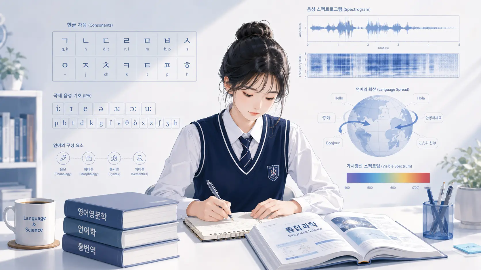 어학계열 통합과학1 탐구주제 안내 이미지 — 교복 입은 학생이 통합과학 교과서로 공부하고 배경에 한글 자음표·발음기호·음성 파형 등 언어 관련 그래픽이 표시된 일러스트
