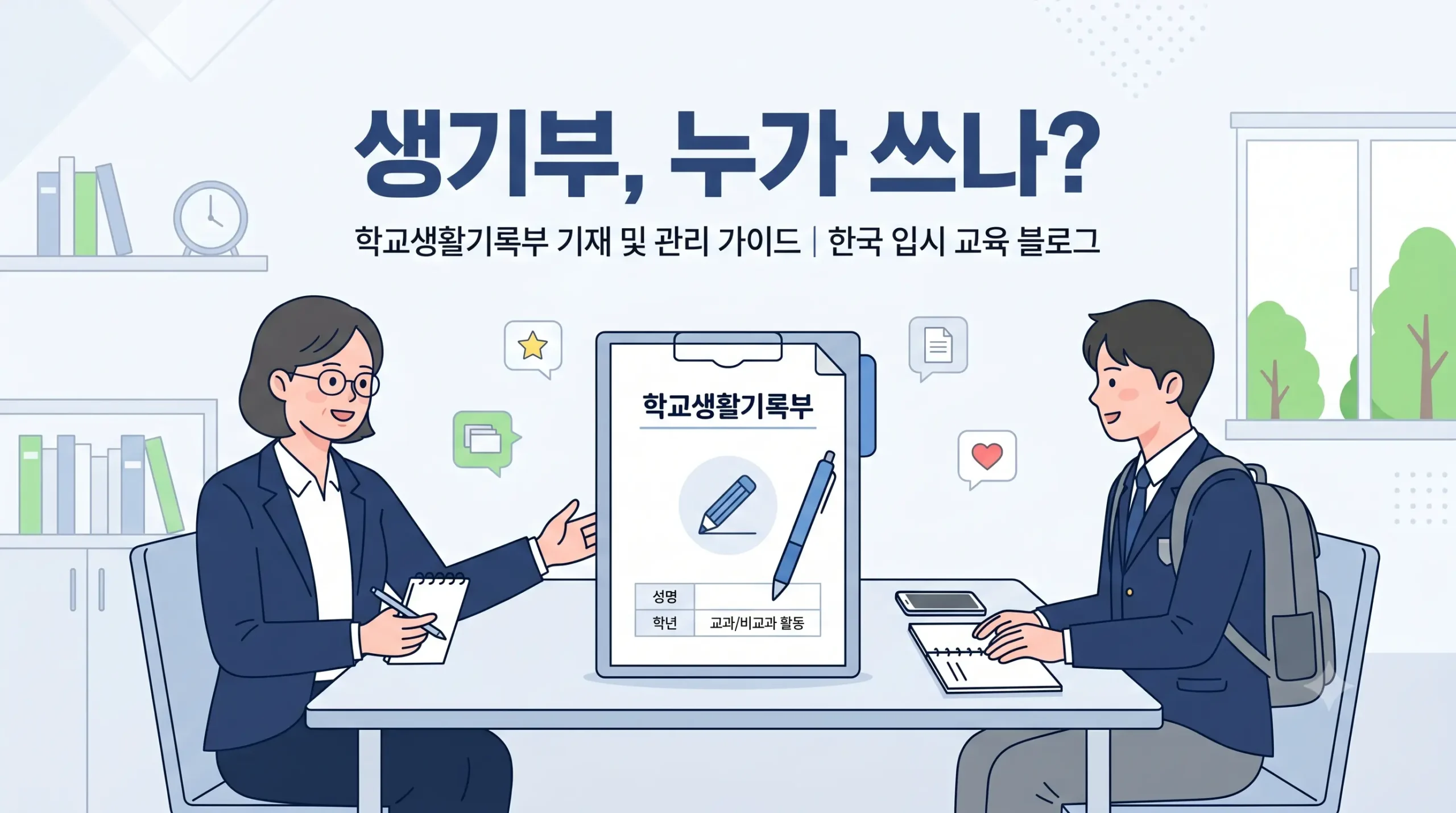 생기부 영역별 기재 주체를 정리한 안내 이미지 — 교사와 학생의 역할 구분