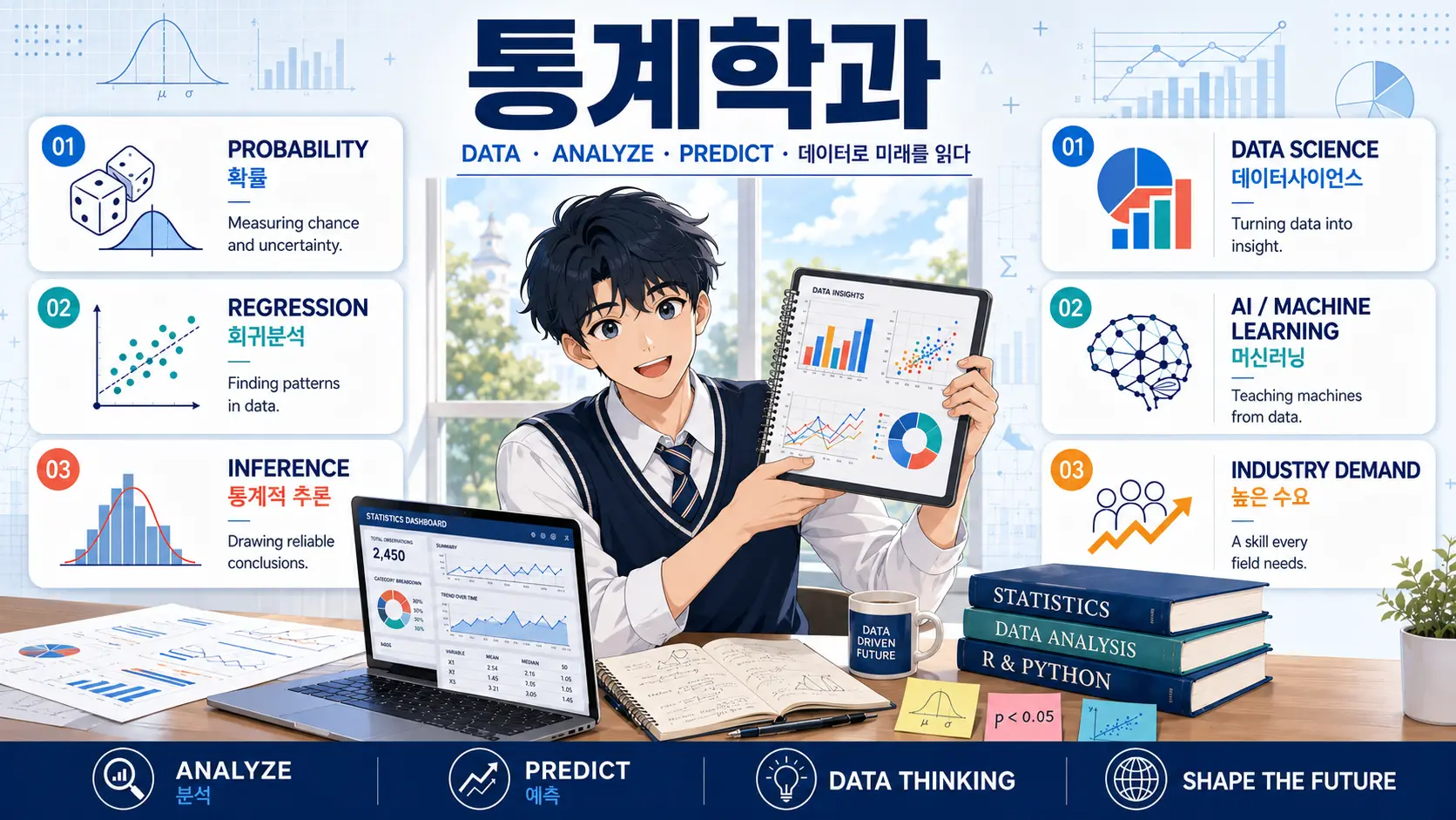 통계학과에서 배우는 핵심 분야와 진로를 정리한 인포그래픽 배너