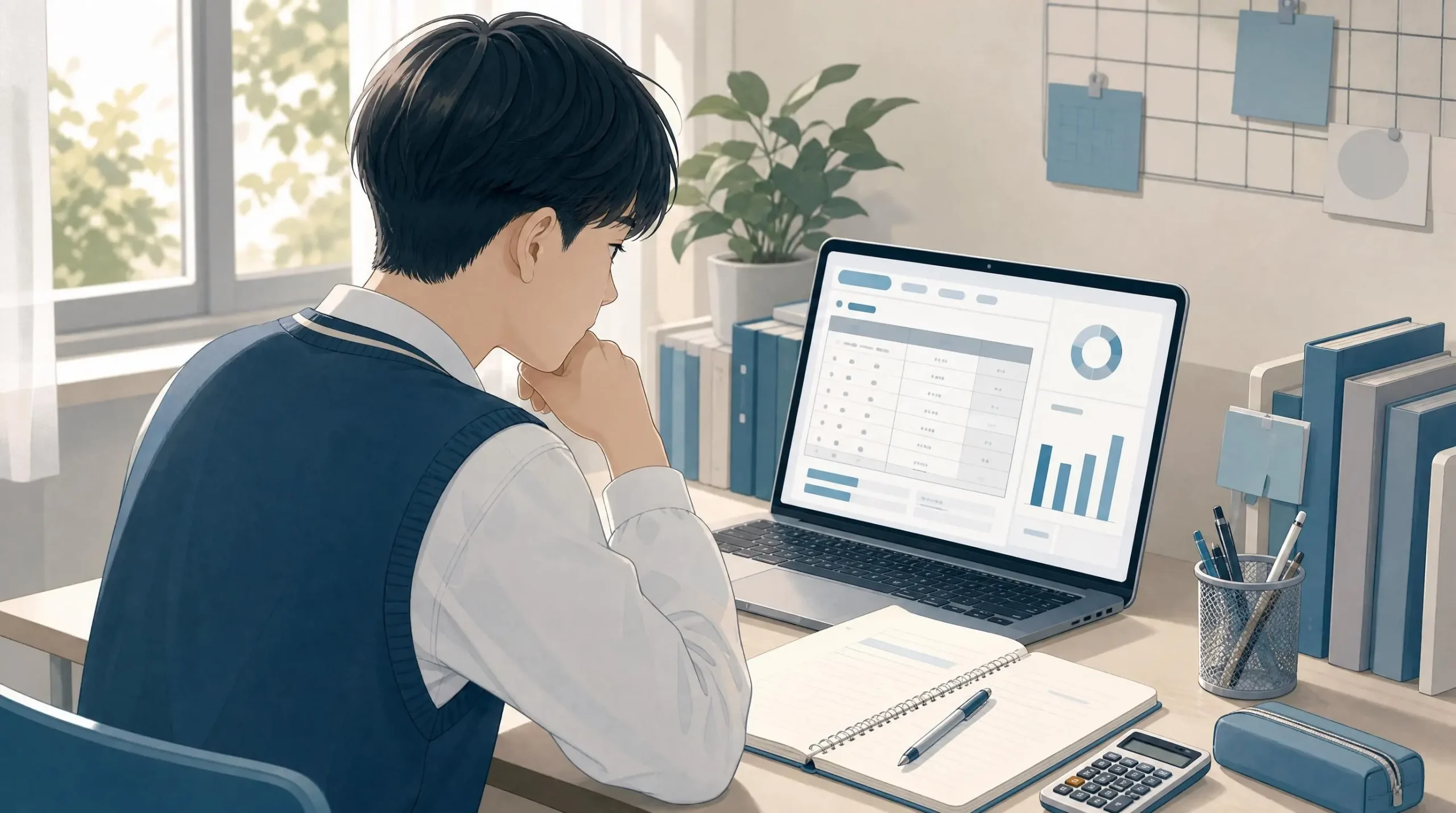 내신 등급 계산기로 과목별 등급과 단위수를 입력해 평균 등급을 계산하는 화면을 보여주는 일러스트