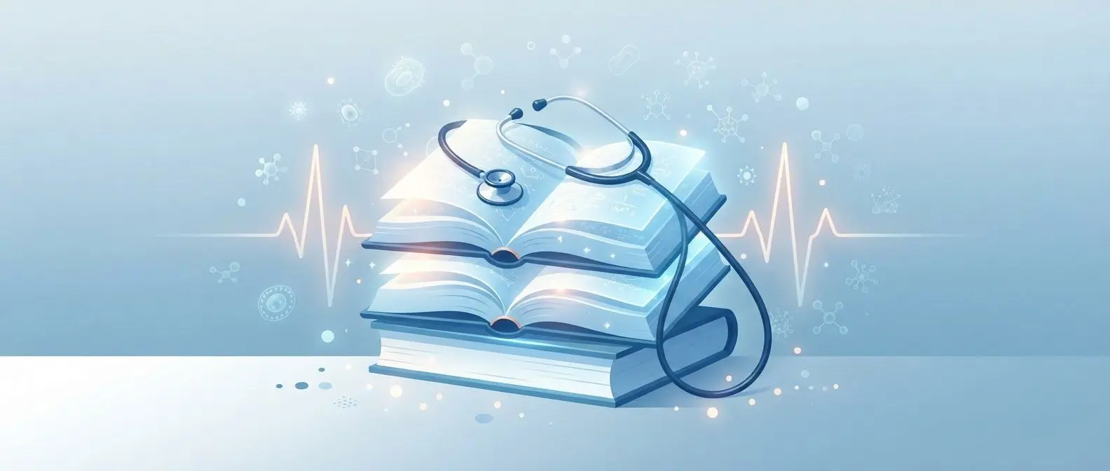 의학·보건계열 연계도서 추천 — 책과 청진기, 심전도 그래프를 함께 그린 일러스트