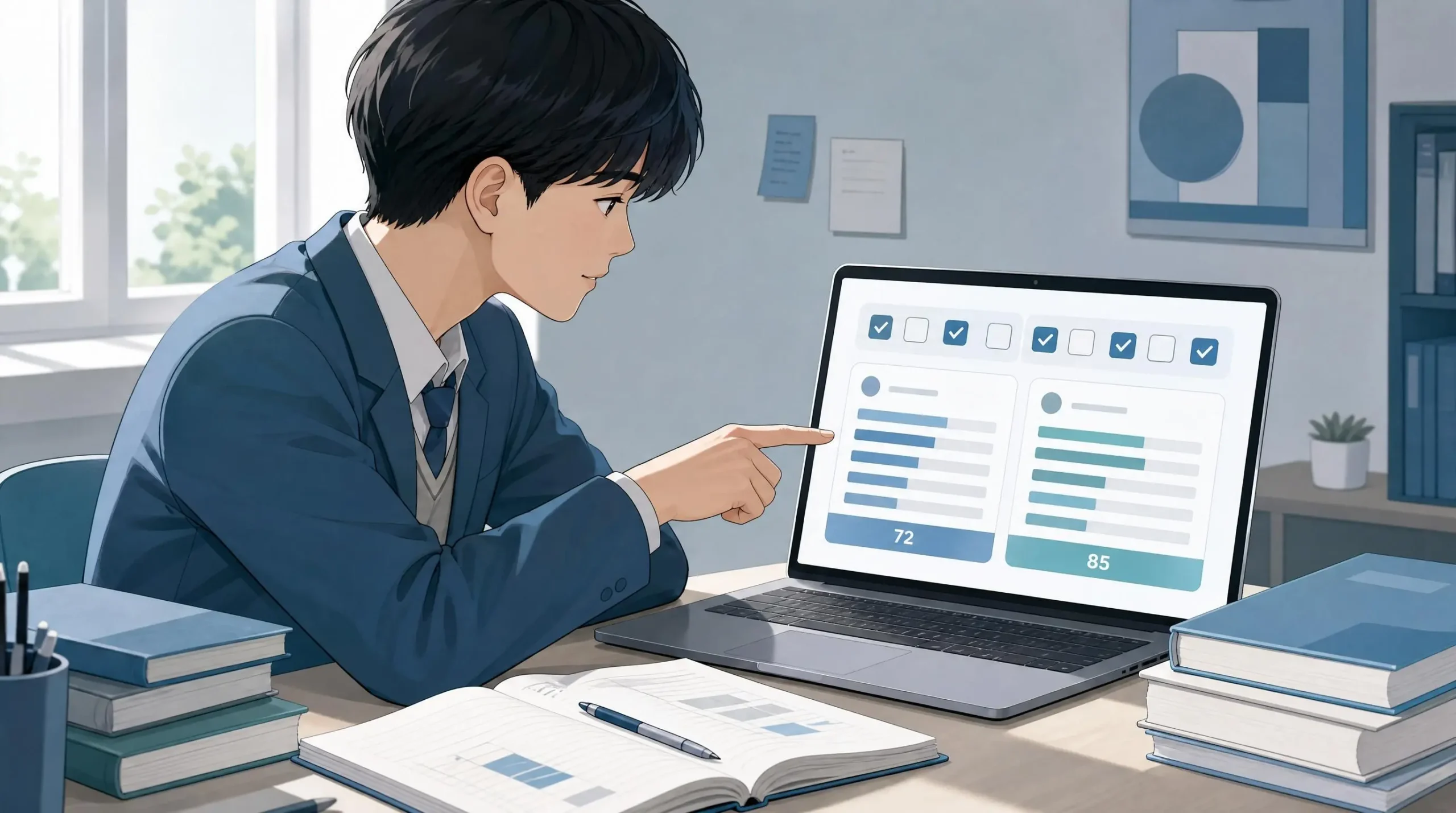 국영수사, 국영수과 등 원하는 교과군만 체크해서 선택하고 반영교과 평균 등급을 계산하는 화면을 보여주는 일러스트